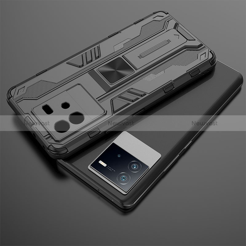 Silicone Matte Finish and Plastic Back Cover Case with Magnetic Stand KC1 for Vivo iQOO Neo6 5G