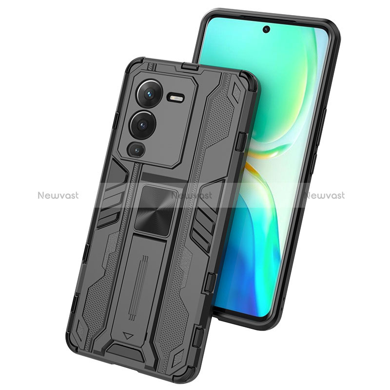 Silicone Matte Finish and Plastic Back Cover Case with Magnetic Stand KC1 for Vivo V25 Pro 5G
