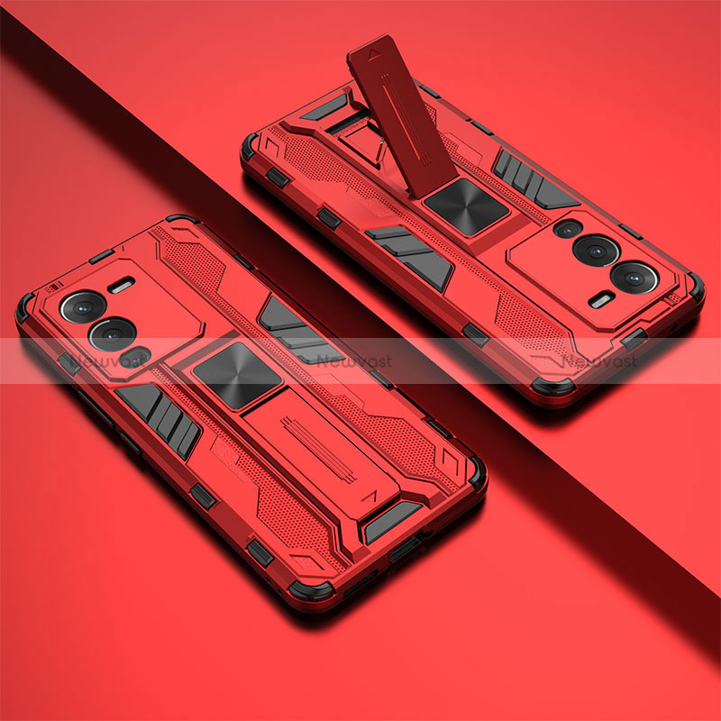 Silicone Matte Finish and Plastic Back Cover Case with Magnetic Stand KC1 for Vivo V25 Pro 5G Red