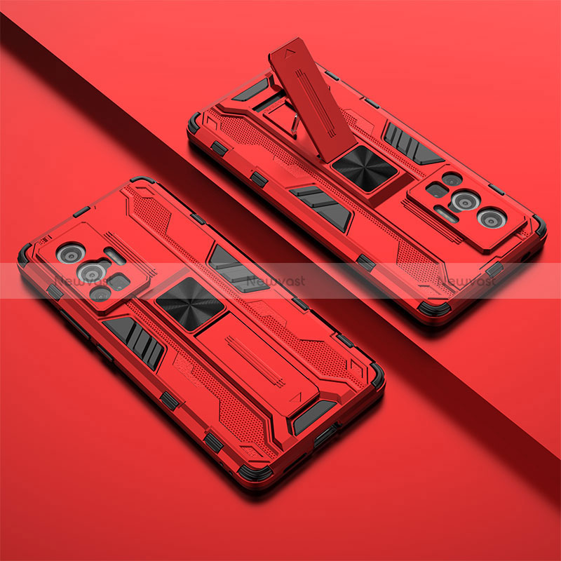 Silicone Matte Finish and Plastic Back Cover Case with Magnetic Stand KC1 for Vivo X70 Pro 5G Red
