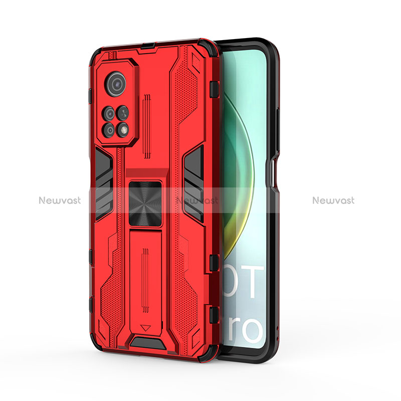 Silicone Matte Finish and Plastic Back Cover Case with Magnetic Stand KC1 for Xiaomi Mi 10T Pro 5G Red