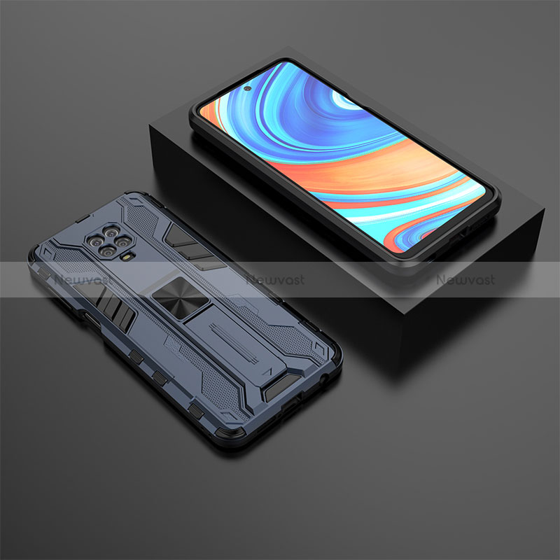Silicone Matte Finish and Plastic Back Cover Case with Magnetic Stand KC1 for Xiaomi Poco M2 Pro Blue