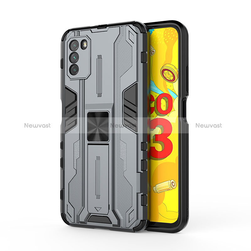 Silicone Matte Finish and Plastic Back Cover Case with Magnetic Stand KC1 for Xiaomi Poco M3 Gray