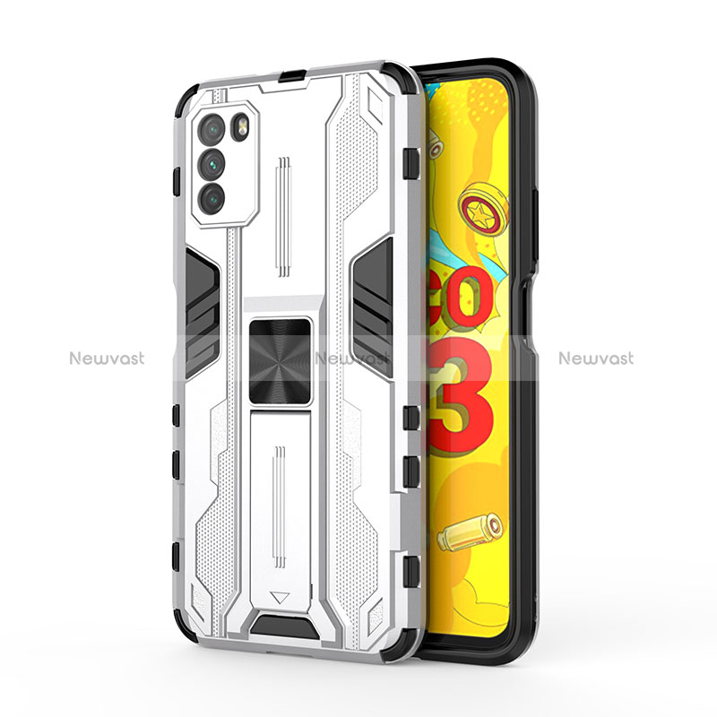 Silicone Matte Finish and Plastic Back Cover Case with Magnetic Stand KC1 for Xiaomi Poco M3 Silver