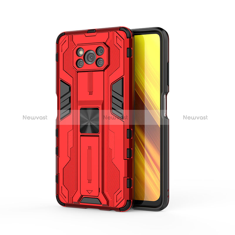 Silicone Matte Finish and Plastic Back Cover Case with Magnetic Stand KC1 for Xiaomi Poco X3 NFC Red