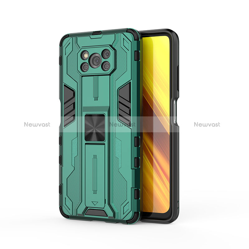 Silicone Matte Finish and Plastic Back Cover Case with Magnetic Stand KC1 for Xiaomi Poco X3 Pro Green