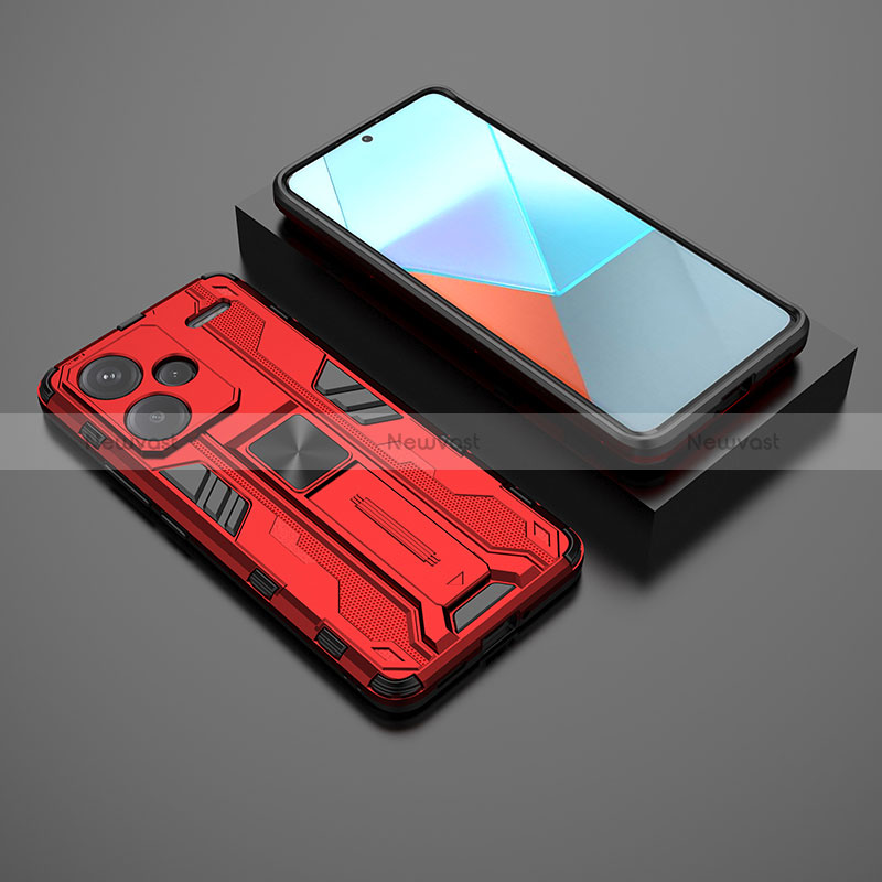 Silicone Matte Finish and Plastic Back Cover Case with Magnetic Stand KC1 for Xiaomi Redmi Note 13 Pro+ Plus 5G Red