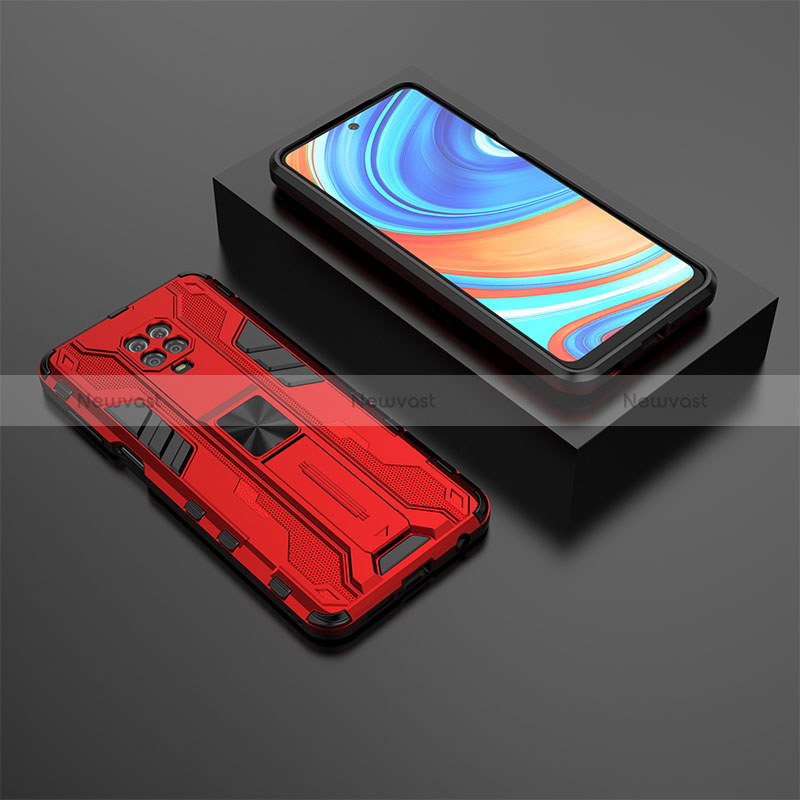 Silicone Matte Finish and Plastic Back Cover Case with Magnetic Stand KC1 for Xiaomi Redmi Note 9 Pro Red