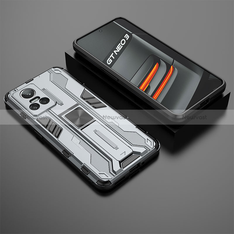 Silicone Matte Finish and Plastic Back Cover Case with Magnetic Stand KC2 for Realme GT Neo3 5G Gray