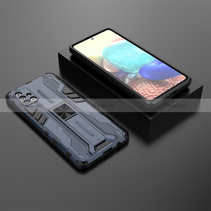 Silicone Matte Finish and Plastic Back Cover Case with Magnetic Stand KC2 for Samsung Galaxy A71 5G Blue