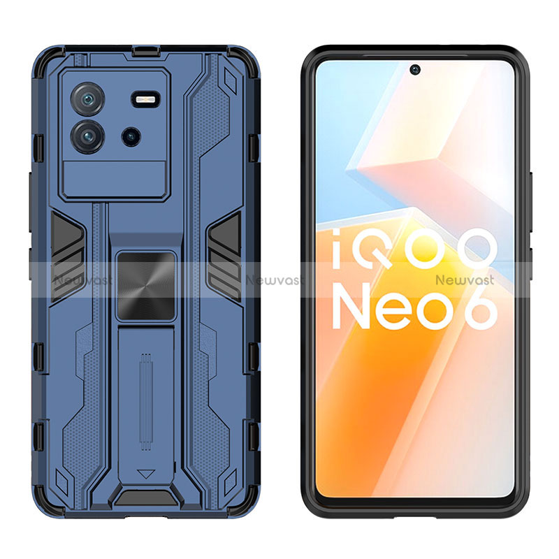 Silicone Matte Finish and Plastic Back Cover Case with Magnetic Stand KC2 for Vivo iQOO Neo6 5G Blue