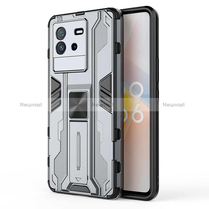 Silicone Matte Finish and Plastic Back Cover Case with Magnetic Stand KC2 for Vivo iQOO Neo6 SE 5G Gray