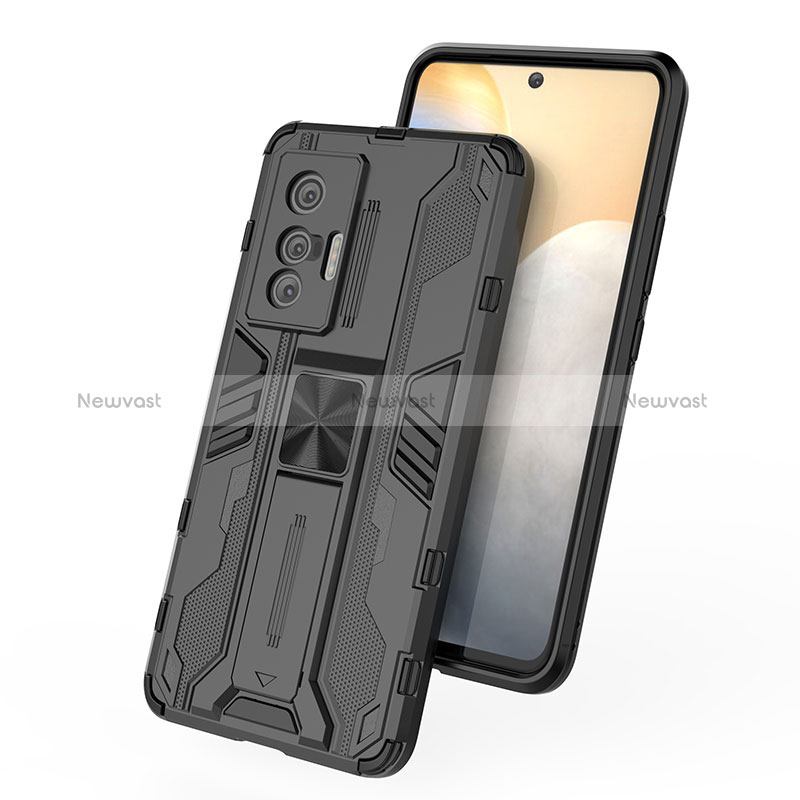 Silicone Matte Finish and Plastic Back Cover Case with Magnetic Stand KC2 for Vivo X70 5G
