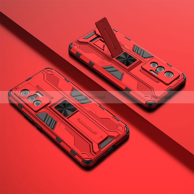Silicone Matte Finish and Plastic Back Cover Case with Magnetic Stand KC2 for Vivo X70 5G Red