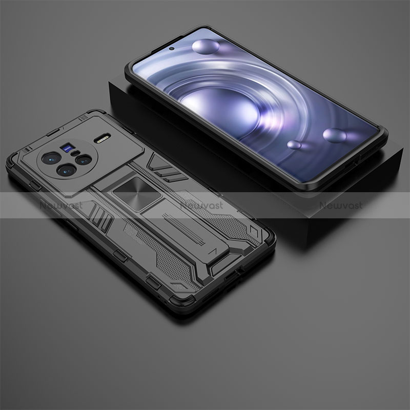 Silicone Matte Finish and Plastic Back Cover Case with Magnetic Stand KC2 for Vivo X80 5G Black