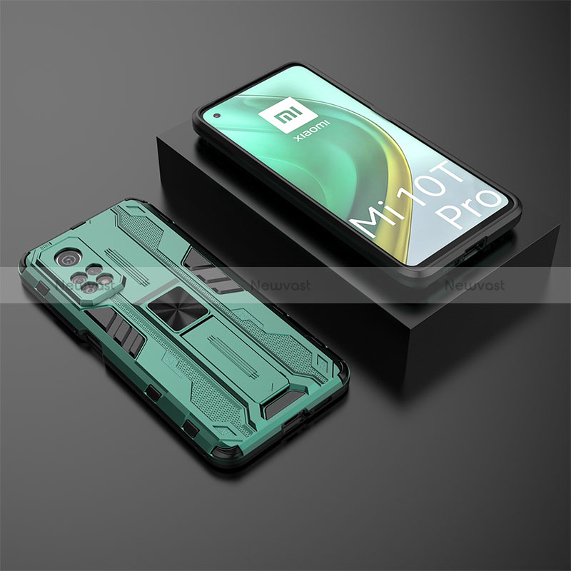 Silicone Matte Finish and Plastic Back Cover Case with Magnetic Stand KC2 for Xiaomi Mi 10T 5G Green