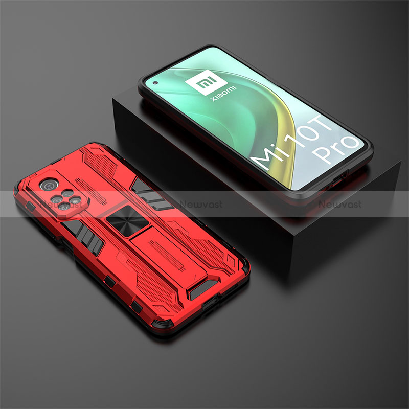 Silicone Matte Finish and Plastic Back Cover Case with Magnetic Stand KC2 for Xiaomi Mi 10T 5G Red