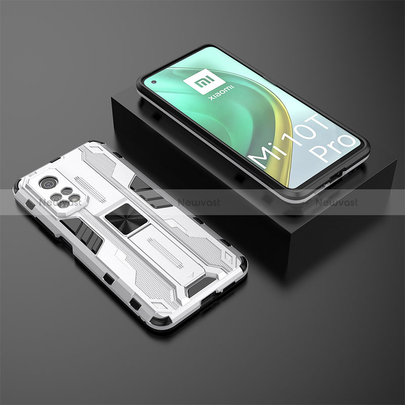 Silicone Matte Finish and Plastic Back Cover Case with Magnetic Stand KC2 for Xiaomi Mi 10T 5G White