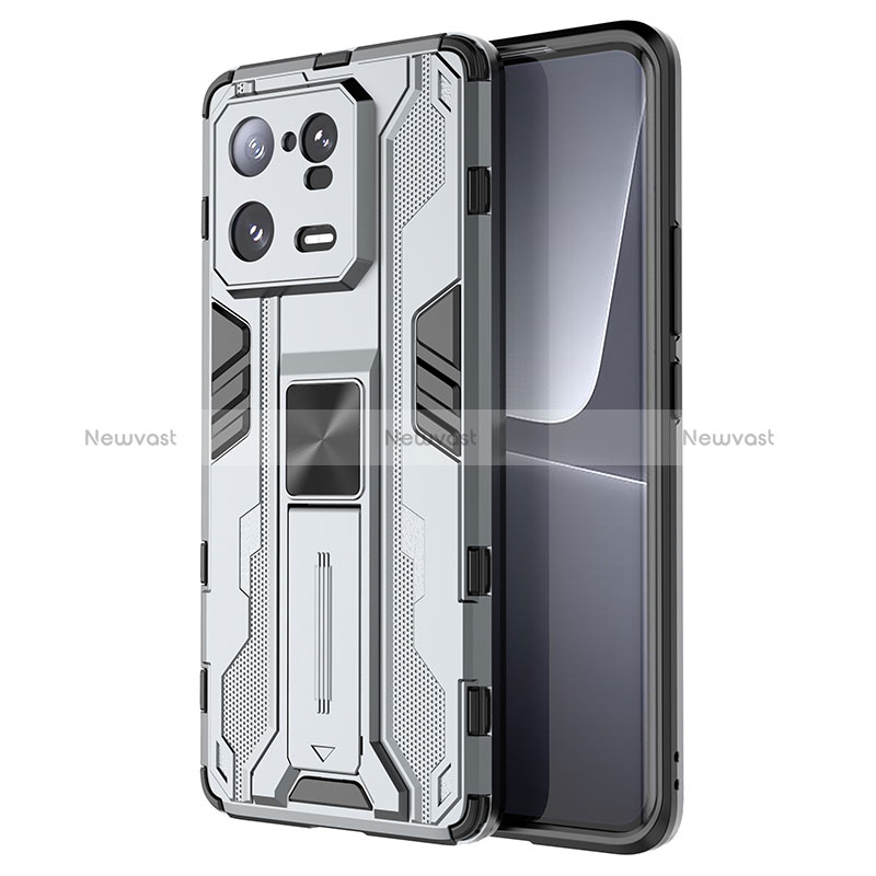 Silicone Matte Finish and Plastic Back Cover Case with Magnetic Stand KC2 for Xiaomi Mi 13 Pro 5G Gray