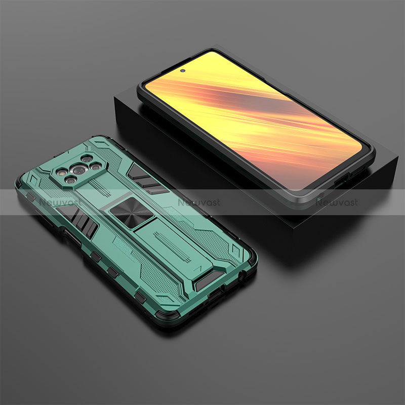 Silicone Matte Finish and Plastic Back Cover Case with Magnetic Stand KC2 for Xiaomi Poco X3 NFC Green