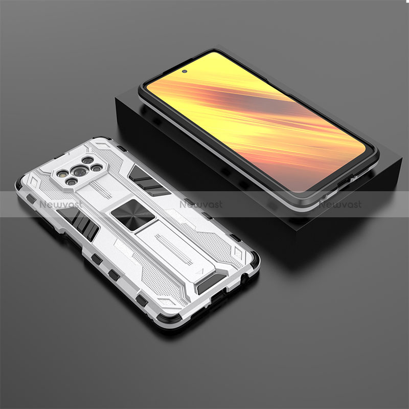 Silicone Matte Finish and Plastic Back Cover Case with Magnetic Stand KC2 for Xiaomi Poco X3 NFC White