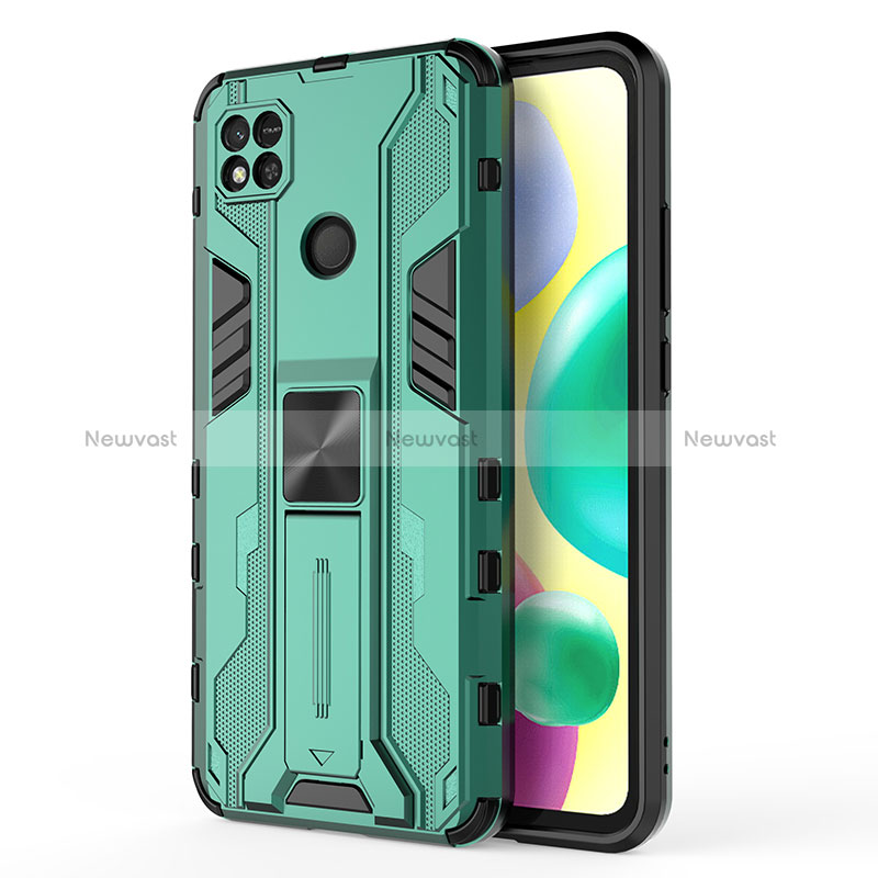 Silicone Matte Finish and Plastic Back Cover Case with Magnetic Stand KC2 for Xiaomi Redmi 9C Green