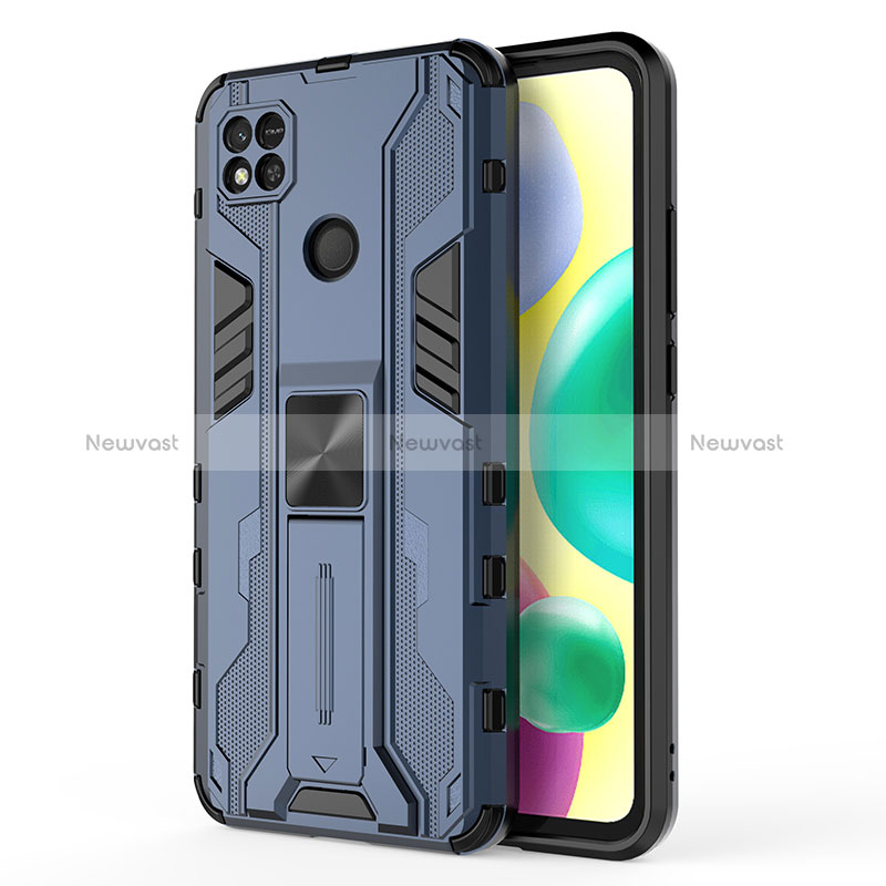 Silicone Matte Finish and Plastic Back Cover Case with Magnetic Stand KC2 for Xiaomi Redmi 9C NFC Blue