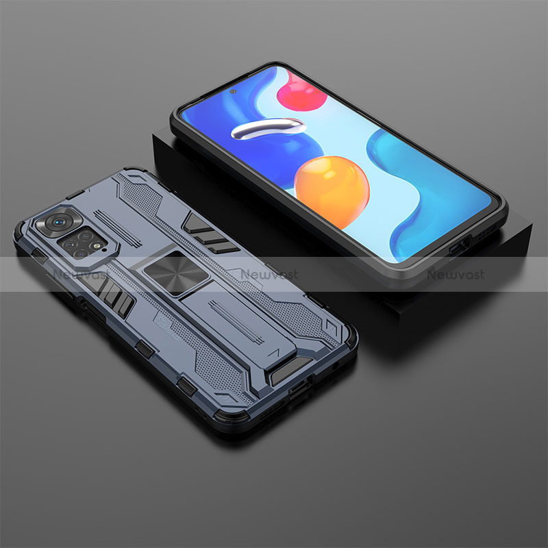 Silicone Matte Finish and Plastic Back Cover Case with Magnetic Stand KC2 for Xiaomi Redmi Note 11 4G (2022) Blue