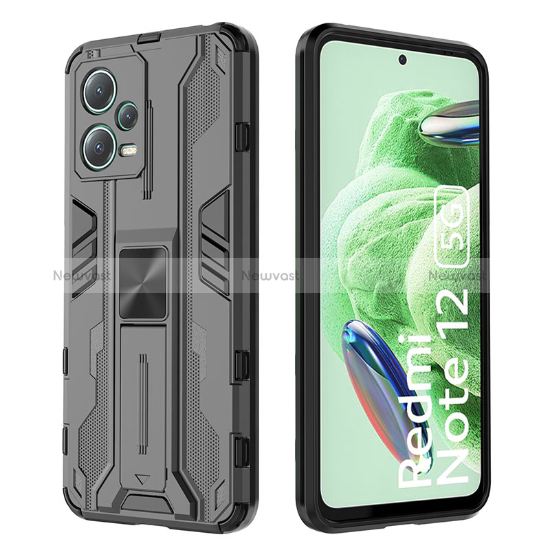 Silicone Matte Finish and Plastic Back Cover Case with Magnetic Stand KC2 for Xiaomi Redmi Note 12 5G