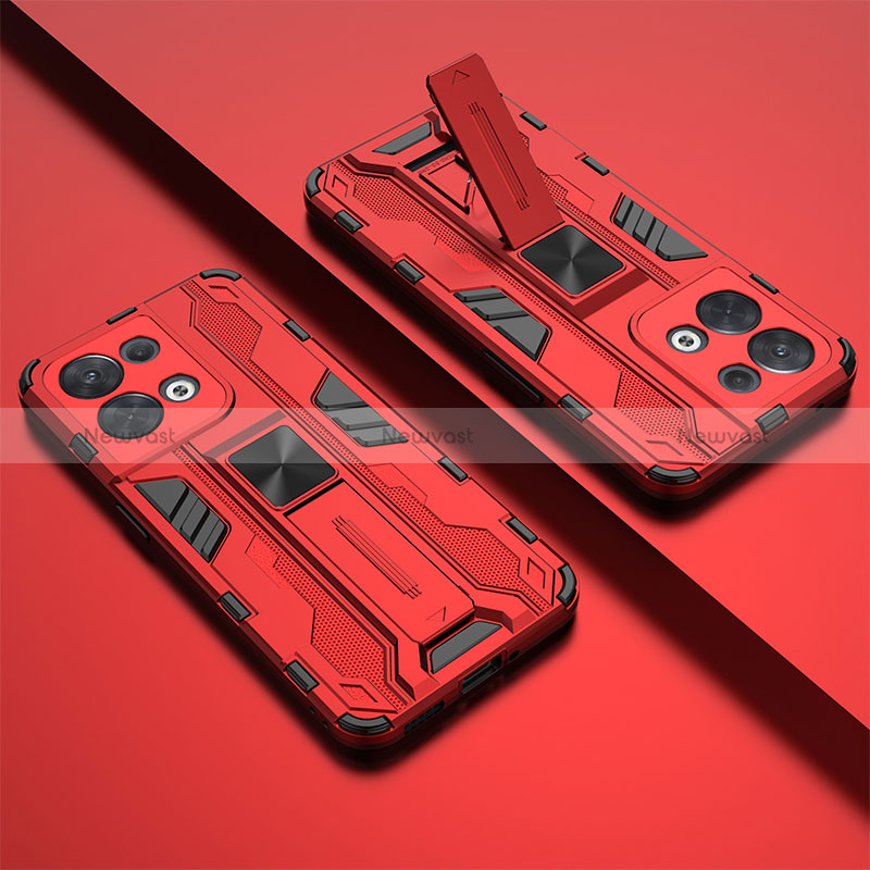 Silicone Matte Finish and Plastic Back Cover Case with Magnetic Stand KC2 for Xiaomi Redmi Note 13 5G Red