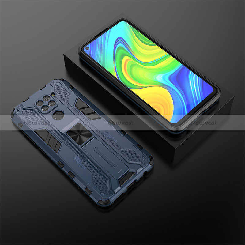 Silicone Matte Finish and Plastic Back Cover Case with Magnetic Stand KC2 for Xiaomi Redmi Note 9 Blue