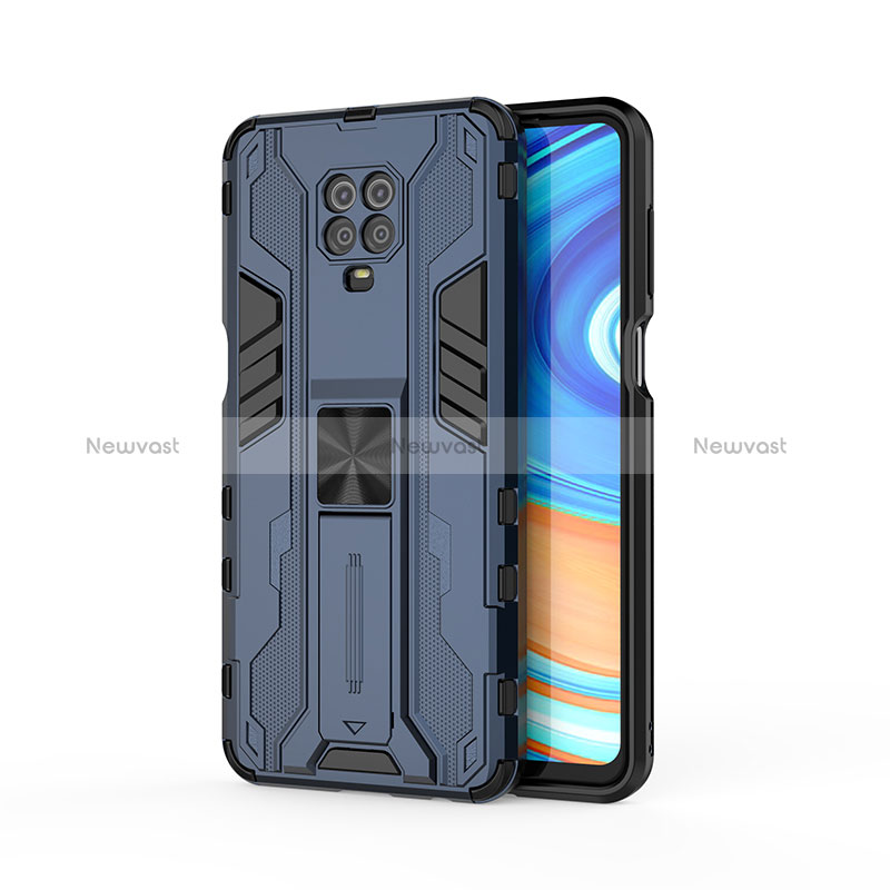 Silicone Matte Finish and Plastic Back Cover Case with Magnetic Stand KC2 for Xiaomi Redmi Note 9 Pro Blue