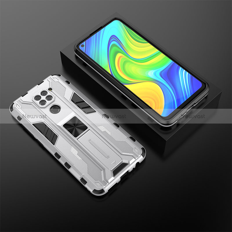 Silicone Matte Finish and Plastic Back Cover Case with Magnetic Stand KC2 for Xiaomi Redmi Note 9 White