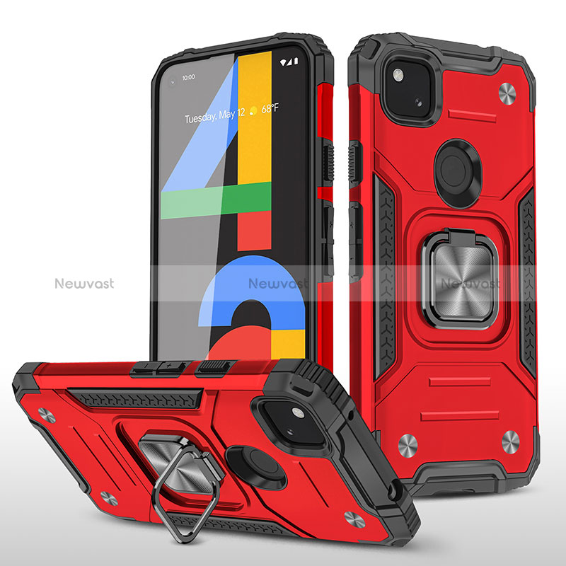Silicone Matte Finish and Plastic Back Cover Case with Magnetic Stand MQ1 for Google Pixel 4a Red