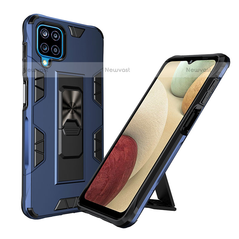 Silicone Matte Finish and Plastic Back Cover Case with Magnetic Stand MQ1 for Samsung Galaxy A12 Blue