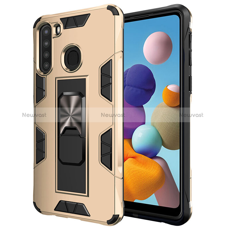 Silicone Matte Finish and Plastic Back Cover Case with Magnetic Stand MQ1 for Samsung Galaxy A21 Gold