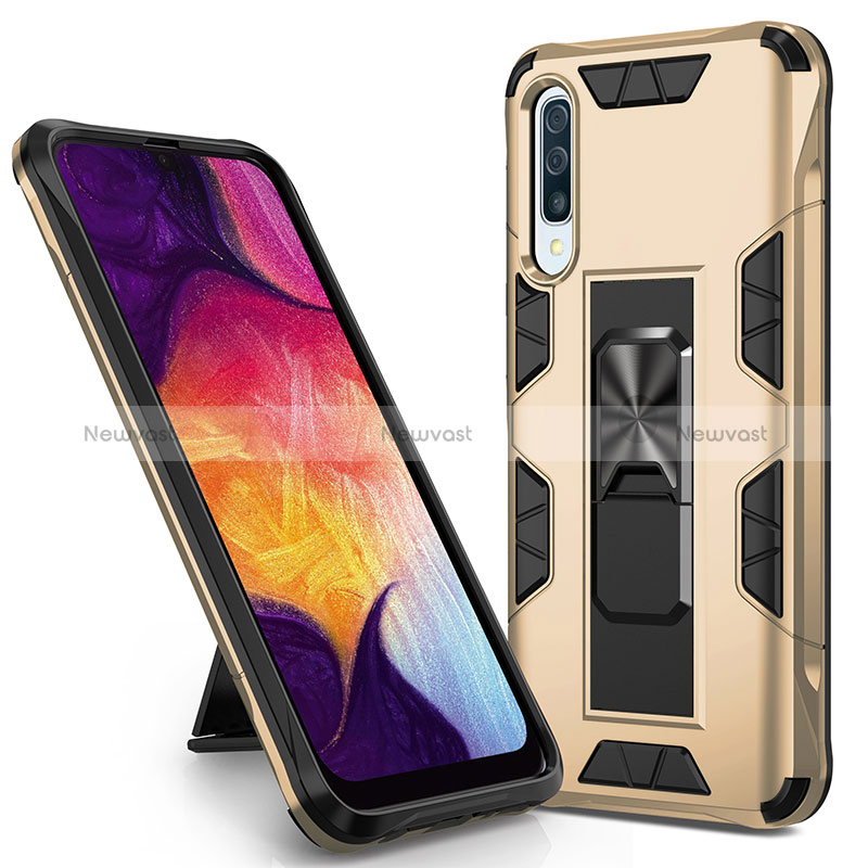 Silicone Matte Finish and Plastic Back Cover Case with Magnetic Stand MQ1 for Samsung Galaxy A50S Gold