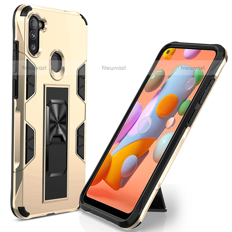 Silicone Matte Finish and Plastic Back Cover Case with Magnetic Stand MQ1 for Samsung Galaxy M11