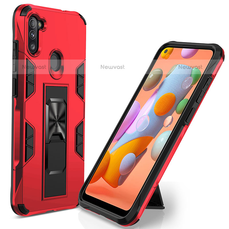 Silicone Matte Finish and Plastic Back Cover Case with Magnetic Stand MQ1 for Samsung Galaxy M11