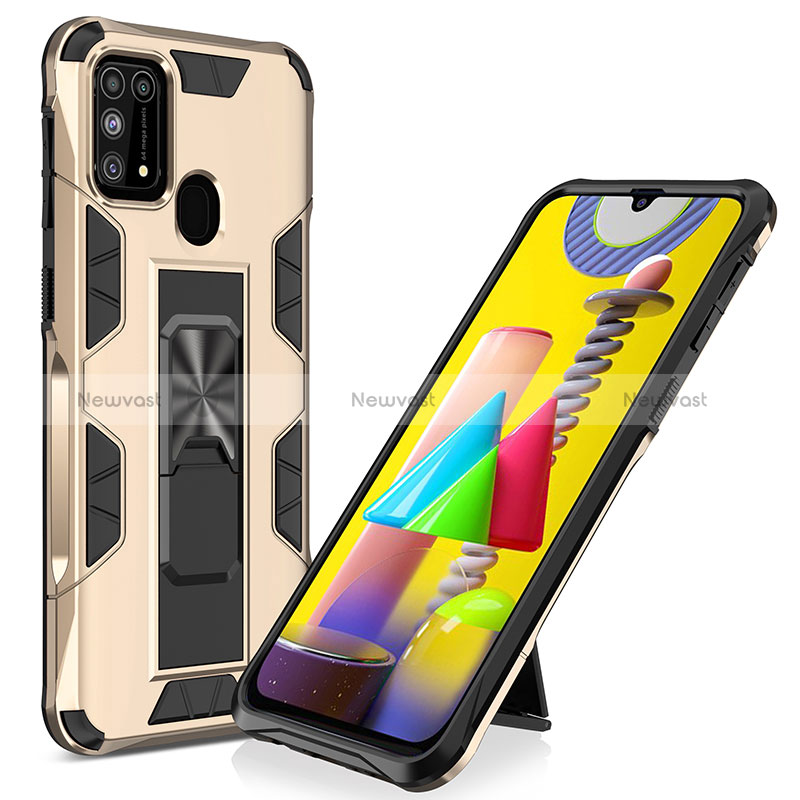 Silicone Matte Finish and Plastic Back Cover Case with Magnetic Stand MQ1 for Samsung Galaxy M21s Gold