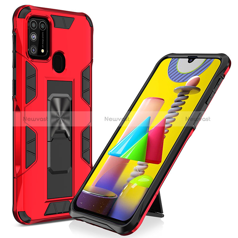 Silicone Matte Finish and Plastic Back Cover Case with Magnetic Stand MQ1 for Samsung Galaxy M21s Red