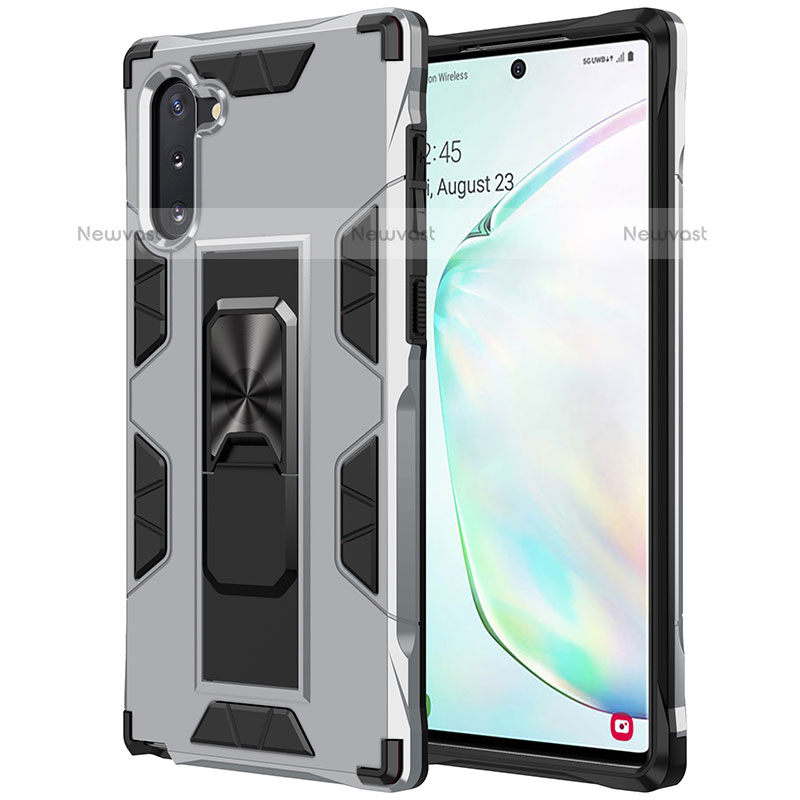 Silicone Matte Finish and Plastic Back Cover Case with Magnetic Stand MQ1 for Samsung Galaxy Note 10 5G Silver
