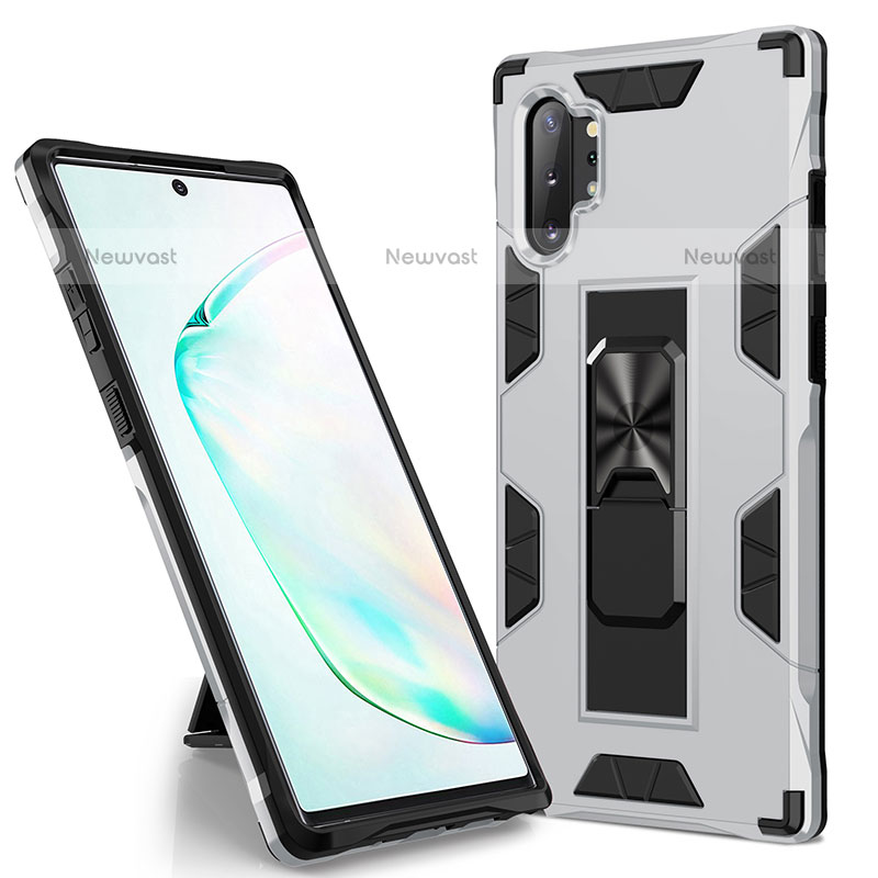 Silicone Matte Finish and Plastic Back Cover Case with Magnetic Stand MQ1 for Samsung Galaxy Note 10 Plus 5G Silver