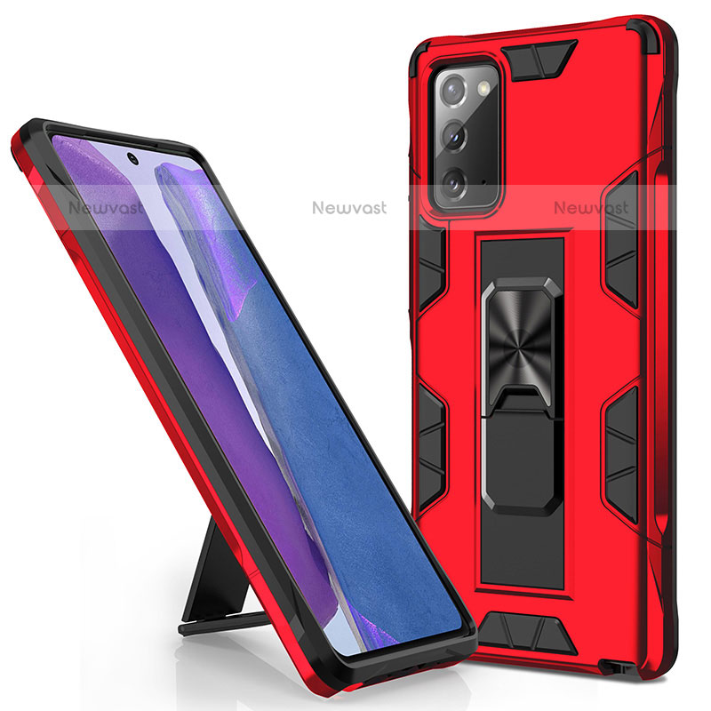 Silicone Matte Finish and Plastic Back Cover Case with Magnetic Stand MQ1 for Samsung Galaxy Note 20 5G Red