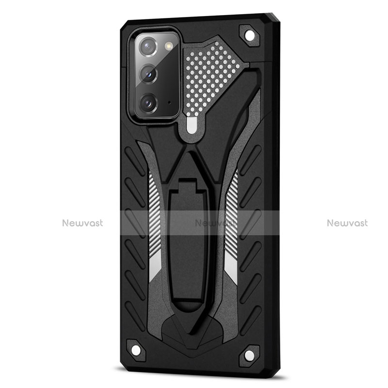 Silicone Matte Finish and Plastic Back Cover Case with Magnetic Stand N03 for Samsung Galaxy Note 20 5G Black