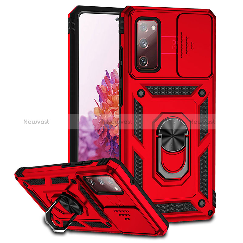 Silicone Matte Finish and Plastic Back Cover Case with Magnetic Stand Q01W for Samsung Galaxy S20 Lite 5G Red