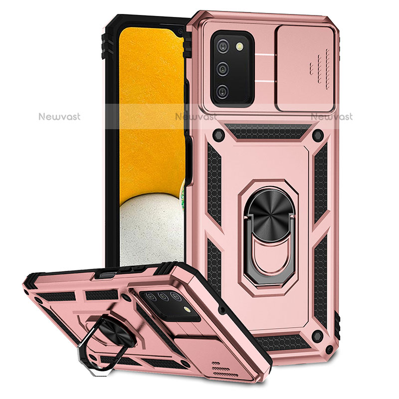 Silicone Matte Finish and Plastic Back Cover Case with Magnetic Stand Q02W for Samsung Galaxy A02s Rose Gold