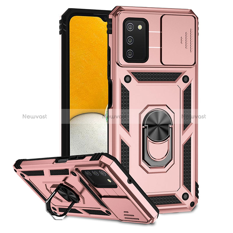Silicone Matte Finish and Plastic Back Cover Case with Magnetic Stand Q02W for Samsung Galaxy M02s Rose Gold