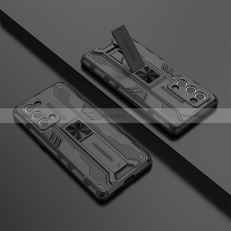Silicone Matte Finish and Plastic Back Cover Case with Magnetic Stand T01 for Oppo Reno6 Pro 5G Black