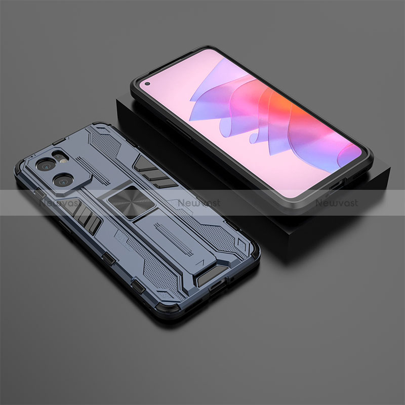 Silicone Matte Finish and Plastic Back Cover Case with Magnetic Stand T01 for Oppo Reno7 SE 5G Blue